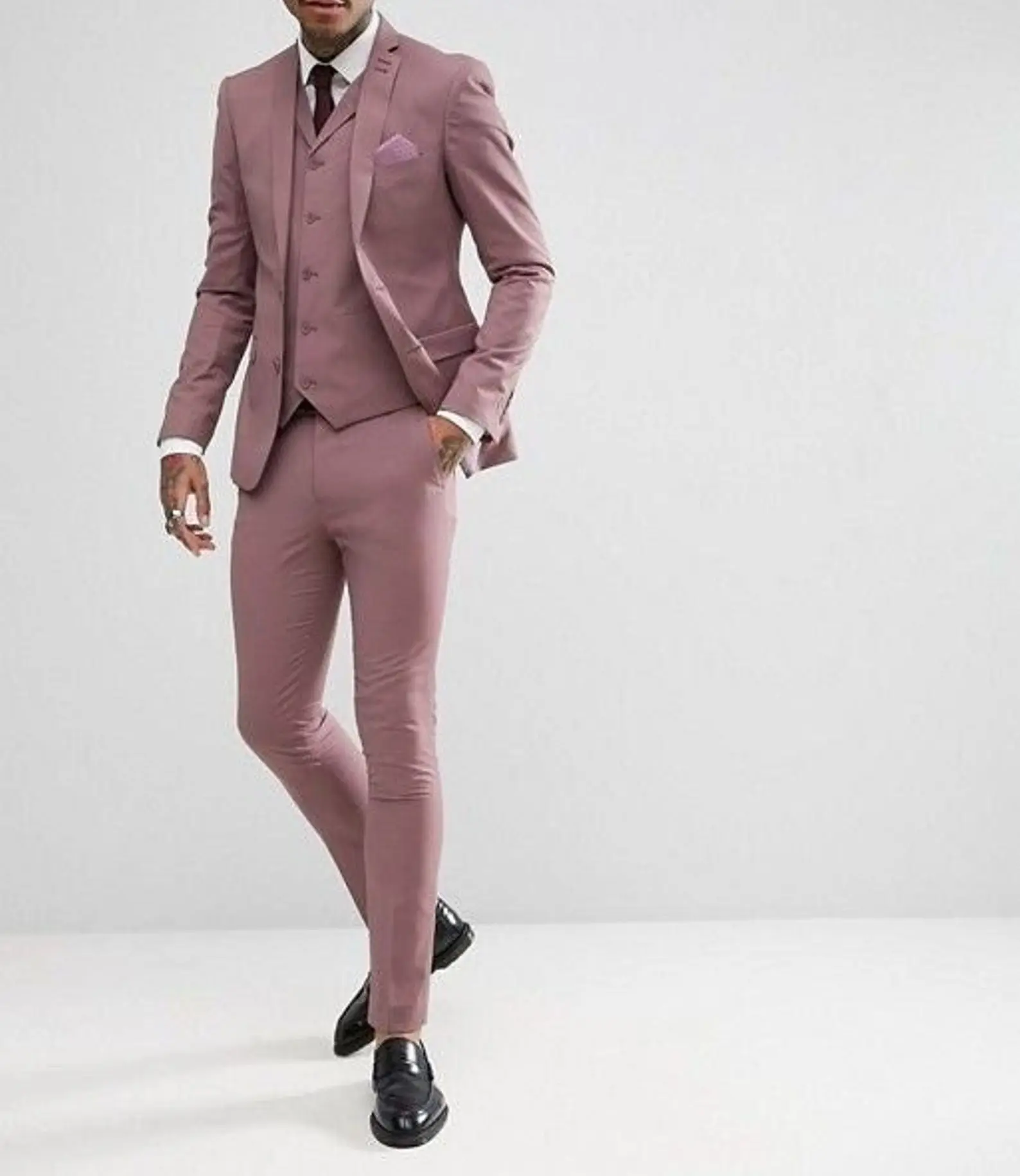 Dirty Pink Men Suits Slim Fit Formal Wedding Prom Evening Tuxedo For Bridegroom Wear Three Pieces Jacket+Pants+Vest Custom Made