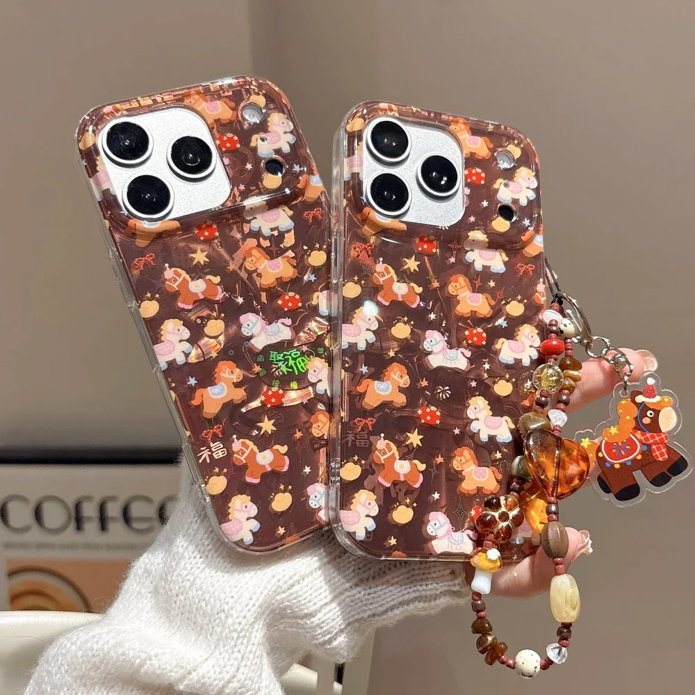 

Fashion full-screen cute pony phone case for iPhone 17 16 ProMax 14 15Pro protective case shock-proof protective case with chain