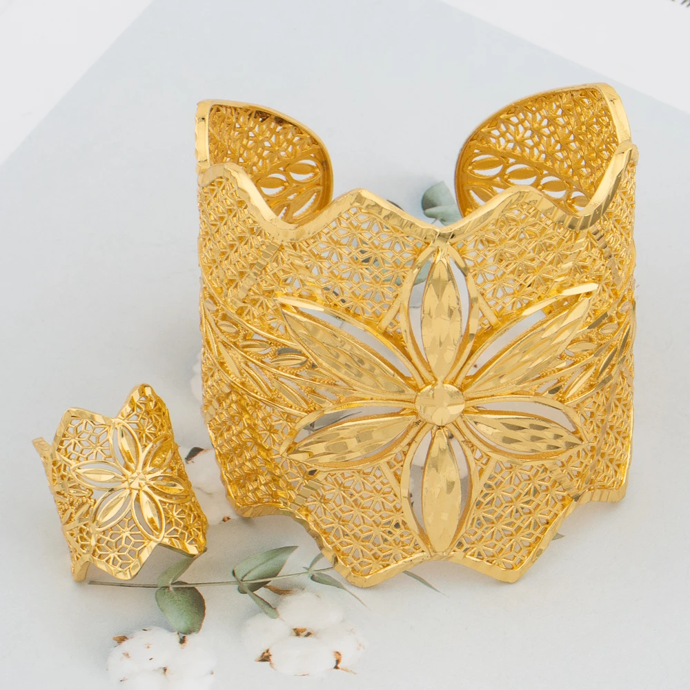 Dubai Manschettenarmreif Damen Arabisch 18K vergoldet Armband Ring Luxus Großer runder Schmuck Kupfer Hochzeit Äthiopien Brautgeschenke – Detail 8