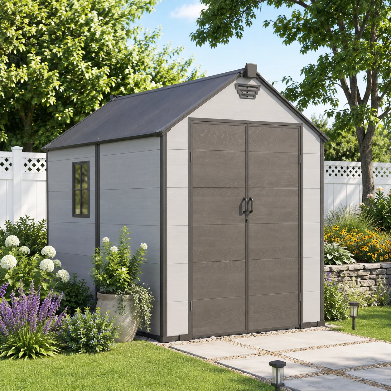 6x8 FT Outdoor Resin Storage Shed with Floor, Window & Lockable Door | Weather-Resistant Garden Shed for Bikes, Tools, Lawn Equipment & Trash Cans
