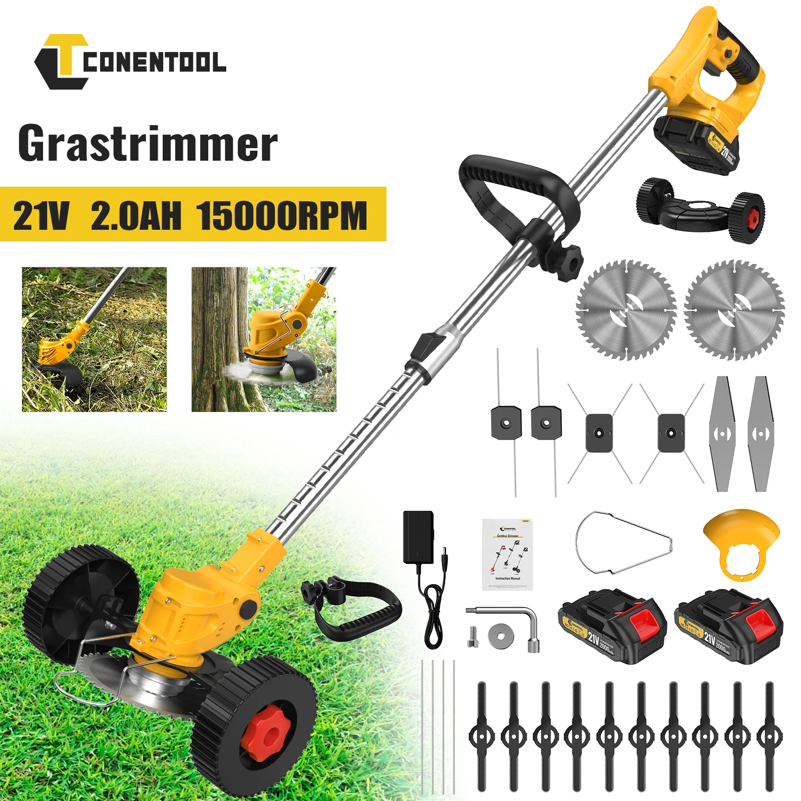 CONENTOOL Tagliaerba Elettrico 21V Multifunzione con Ruote, Macchina per Diserbo, Attrezzi da Giardino Compatibili con Batteria Makita 18V