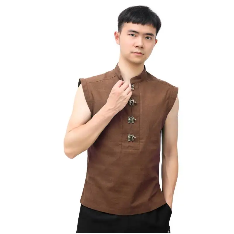 

New Design Pirate Renaissance Shirt Men Linen Sleeveless Waistcoat with Retro Button Green Brown Viking Men Dress Knight