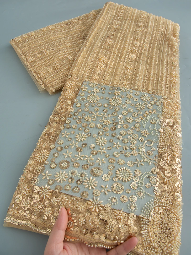 

Latest African Mesh Lace Fabric High Quality Beaded Lace French Embroider Fabrics Sequins For Sew Wedding Dresses, 5 yards 4554