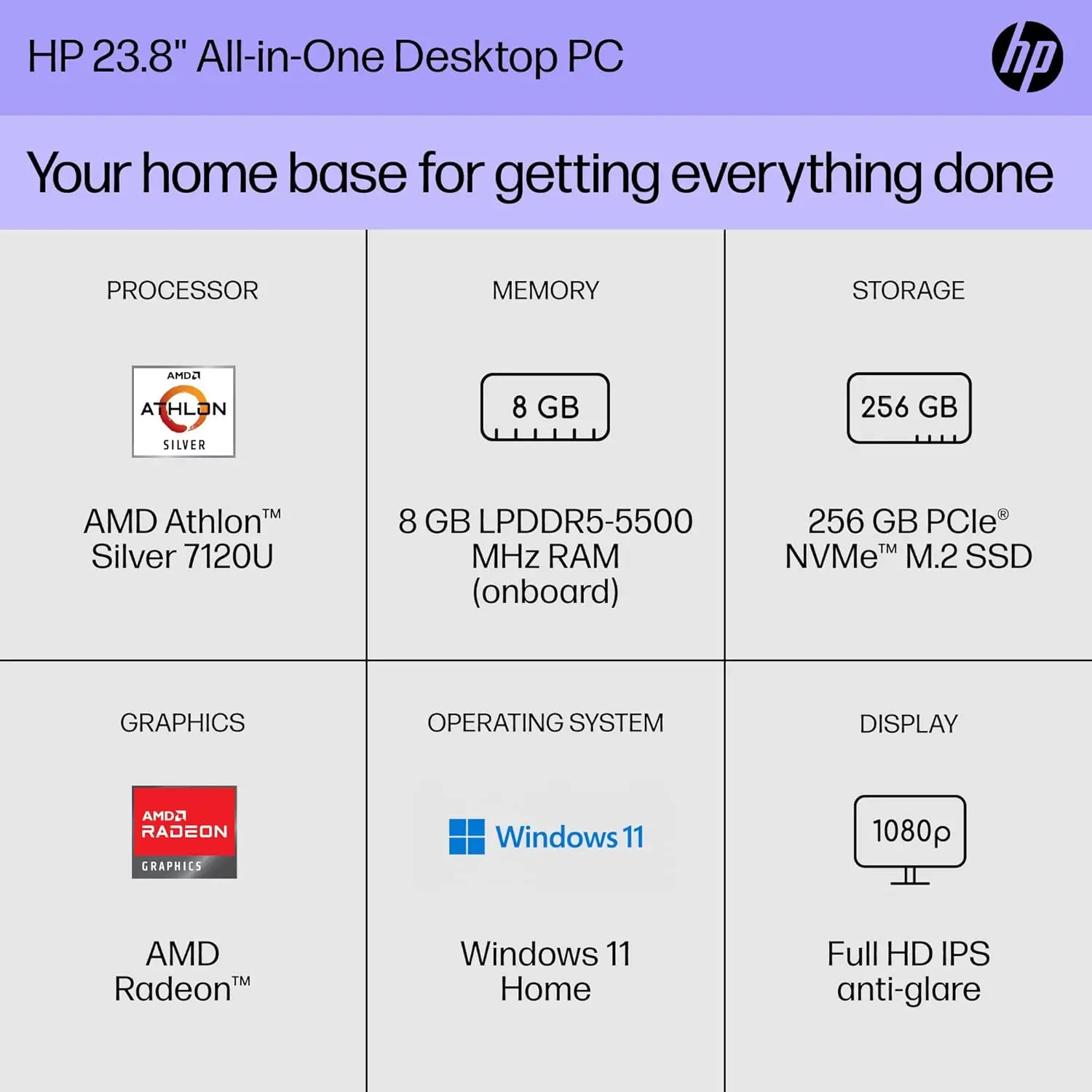 HP-ordenador de escritorio todo en uno FHD de 23,8 pulgadas, AMD Athlon 7120U Silver, 8 GB de RAM, SSD de 1 TB, teclado y ratón con cable, Windows 11 Home, Blancanieves