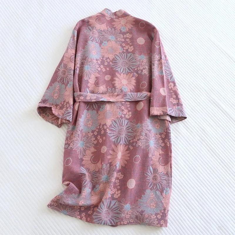 Albornoz holgado con estampado para mujer, Kimono de estilo japonés con cinturón, bata de baño, pijama humeante para el sudor, 100% algodón