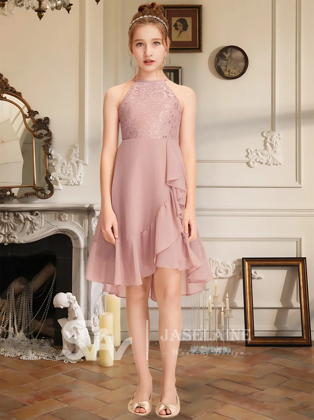 Elegantes A-Linien-Neckholder-Kleid aus asymmetrischem Chiffon und Spitze für junge Brautjungfern, kaskadierende Rüschen, Party-Blumenmädchenkleid, Hochzeit, formell