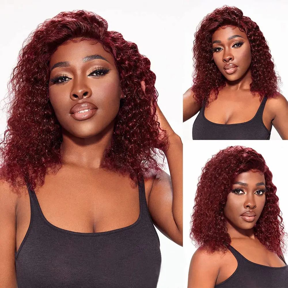 99j Short Curly Bob Lace Front Wigs Human Hair 13x4 Lace Frontal Wigs Wine Red Glueless Pre Plucked Brazilian Remy Hair Wigs