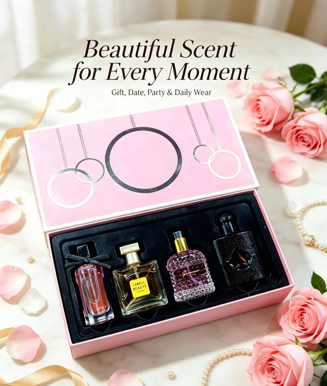 4 Elegant Scents Perfume Gift Set for Women, Floral Bloom Sweet Fruity Soft Vanilla Musk Woody Notes, Long Lasting Eau de Parfum Premium Pink Gift Box Perfume Kit for Birthday Valentine Holiday Dating Gift