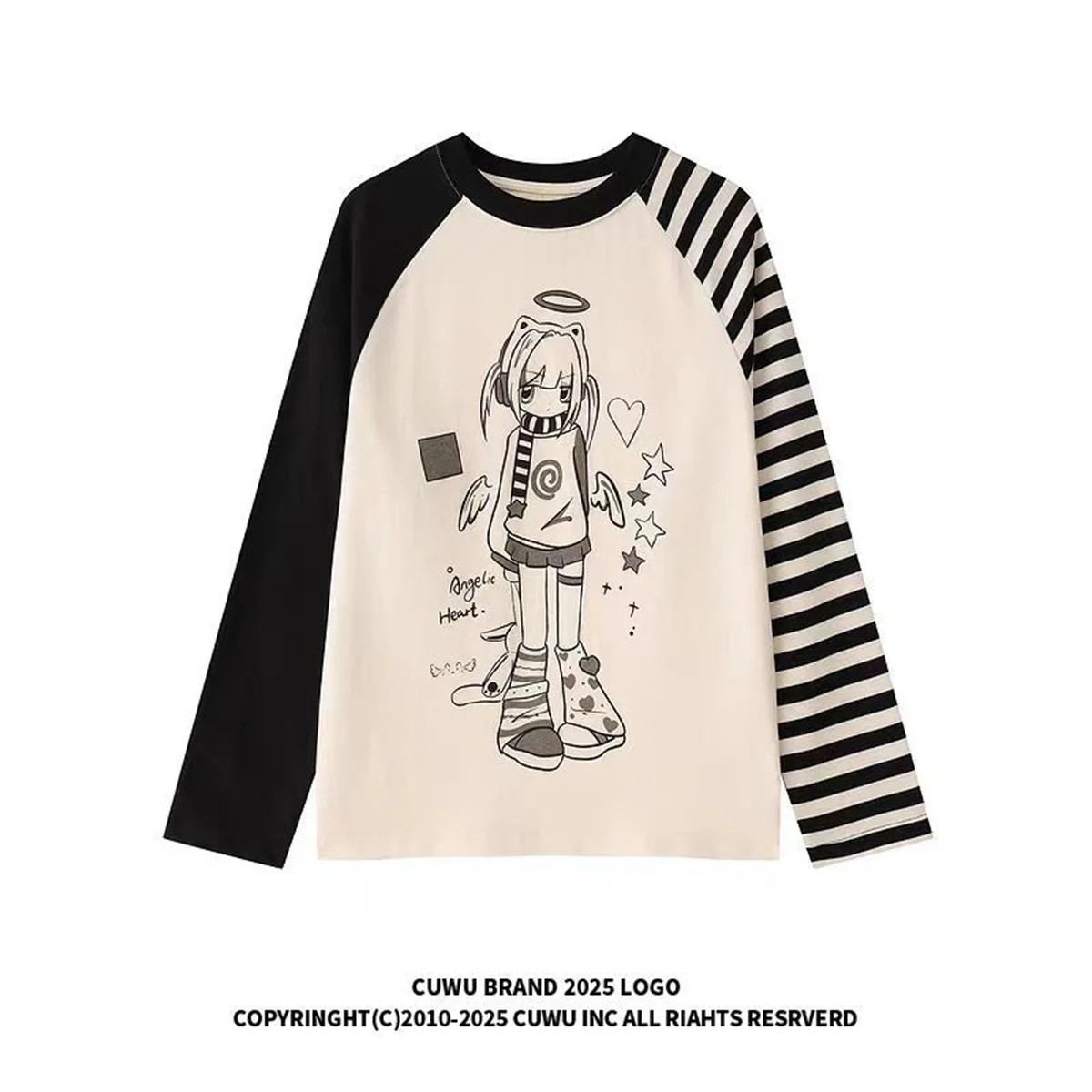 Cartoon-Grafik Damen T-Shirts Kawaii Blau Gestreift Schwarz Langarm-Shirts Cutecore Japanischer 2000er-Stil Oversize Casual Tops – Detail 3