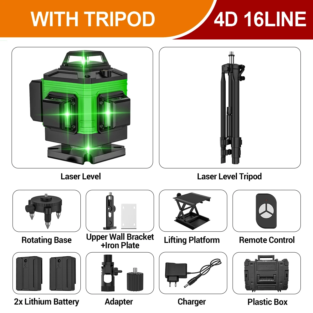 4D 16-lijns zelfnivellerende laserwaterpas met magnetische basis, 360° ° Draaibare laserwaterpas voor bouw, timmerwerk & woningrenovatie
