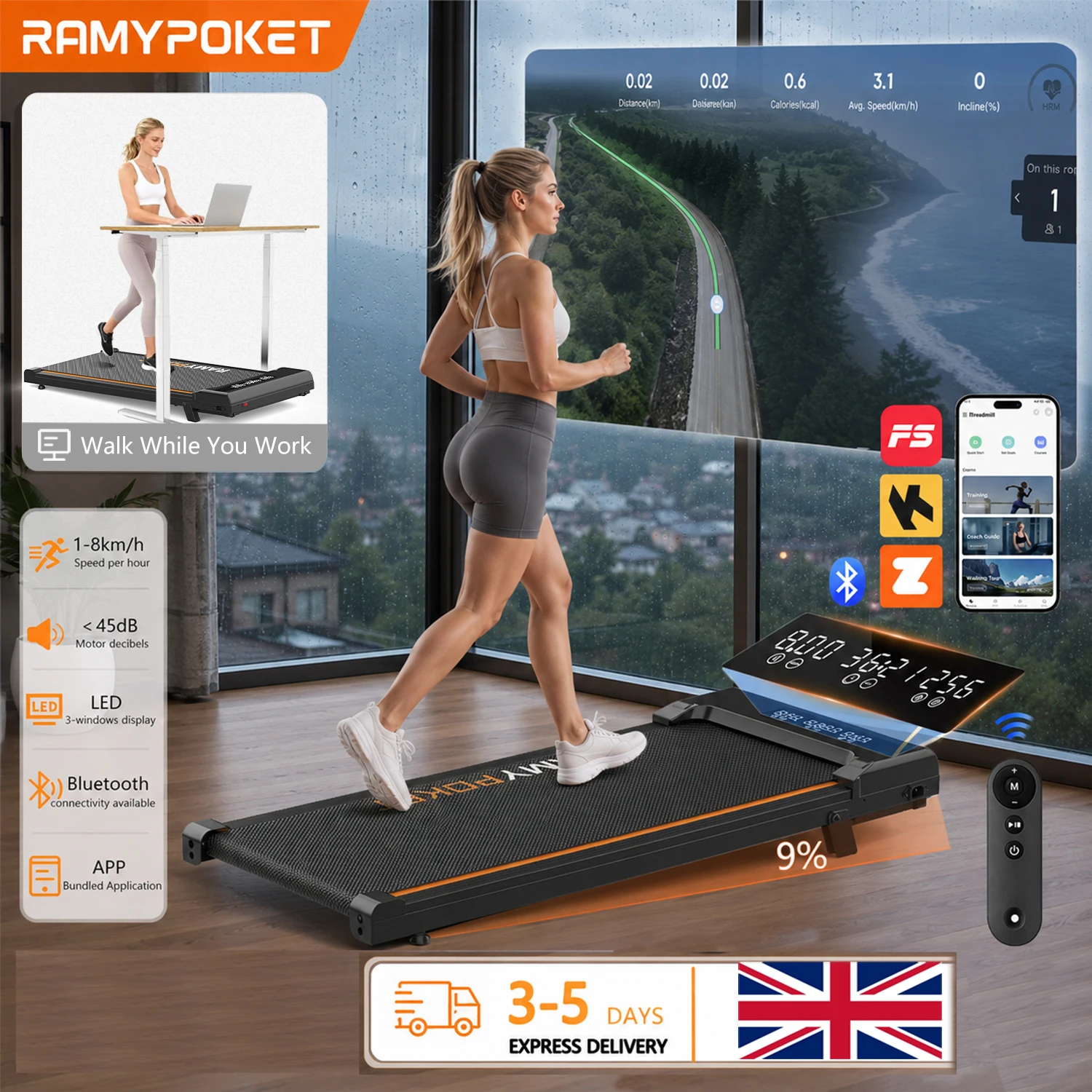 RAMYPOKET Walking Pad 9% Incline App Control&LED Three-Window Display 2.5HP 120KG 1-8KM/H Portable Treadmill Foldable For Home