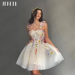 JEHETH Mini 3D Flowers Prom Dress For Women Spaghetti Straps Lace Up Party Gown A Line Tulle Sweetheart Vestidos De Graduació