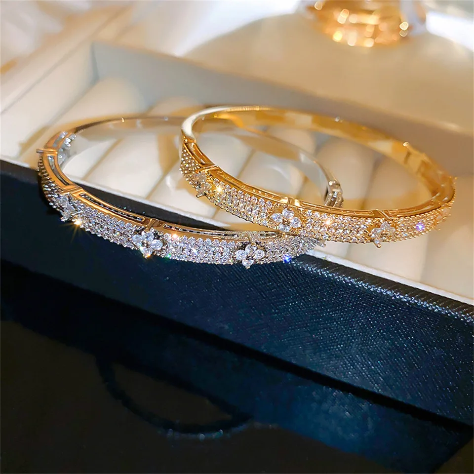 

Luxury Flower Crystal Bangles for Women – Gold & Silver Color Sparkling Zircon Bracelets