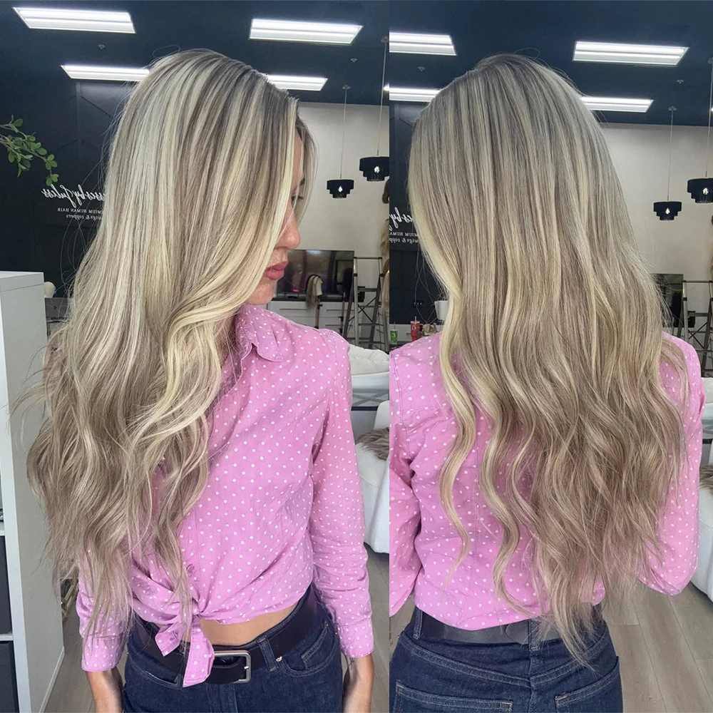 

Длинный многослойный блондин Старые деньги Смесь человеческих волос Парик фронта шнурка Синтетический балаяж Блондинка Волнистый парик 13x4 HD Невидимый парик шнурка