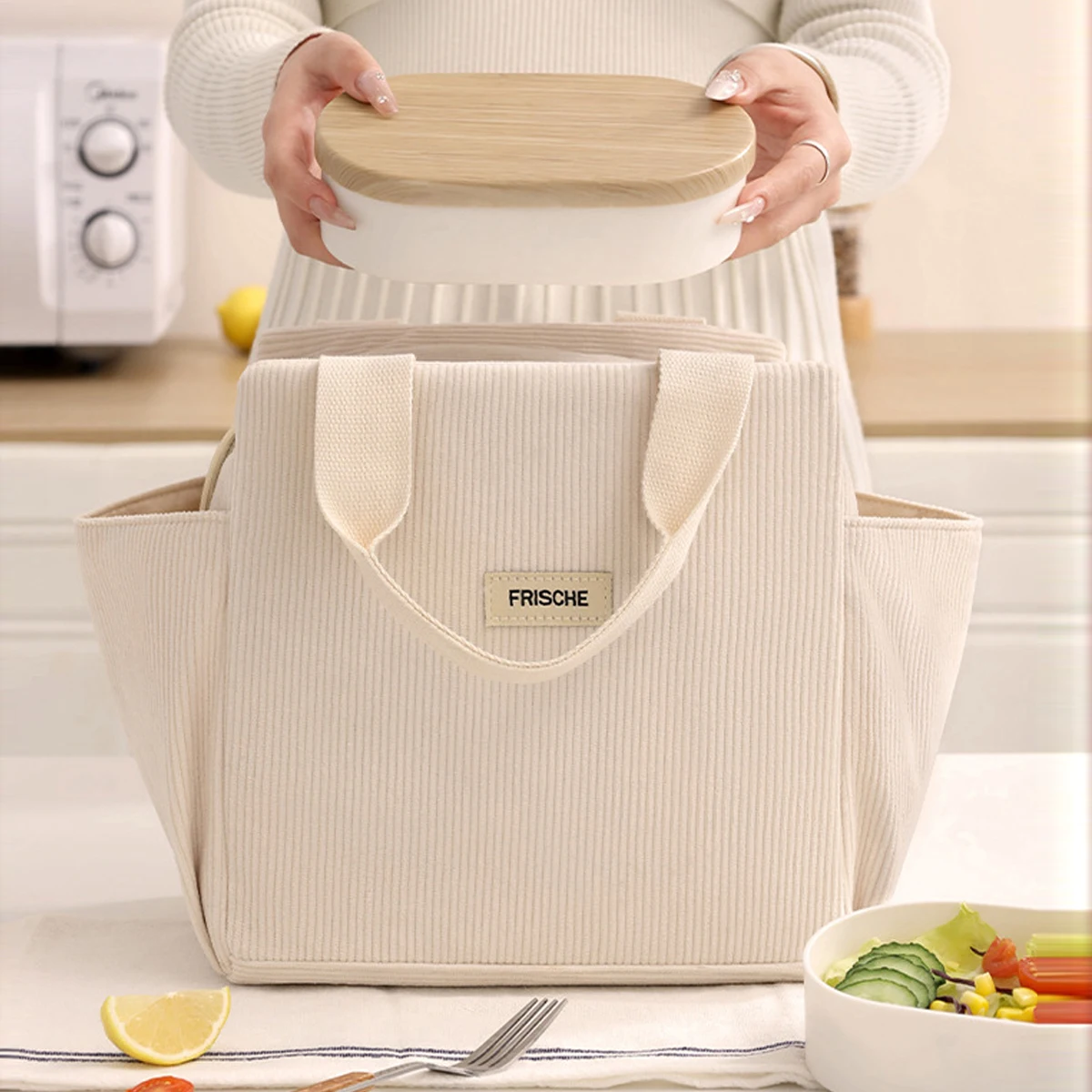12L Lunchbox-Tasche, verdickte Aluminiumfolie-Isolierung, Lunch-Tasche, bedrucktes Cordmaterial, wasserdichte und ölbeständige Essenstasche – Detail 5