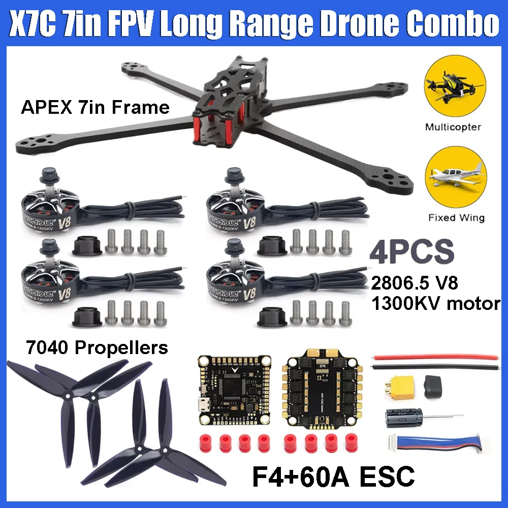 

X7C 7inch 315mm Wheelbase Carbon Fiber Frame F4 60A ESC 2806.5 1300KV Motor 7040 Propellers for RC 7" FPV Long Range Drone Parts