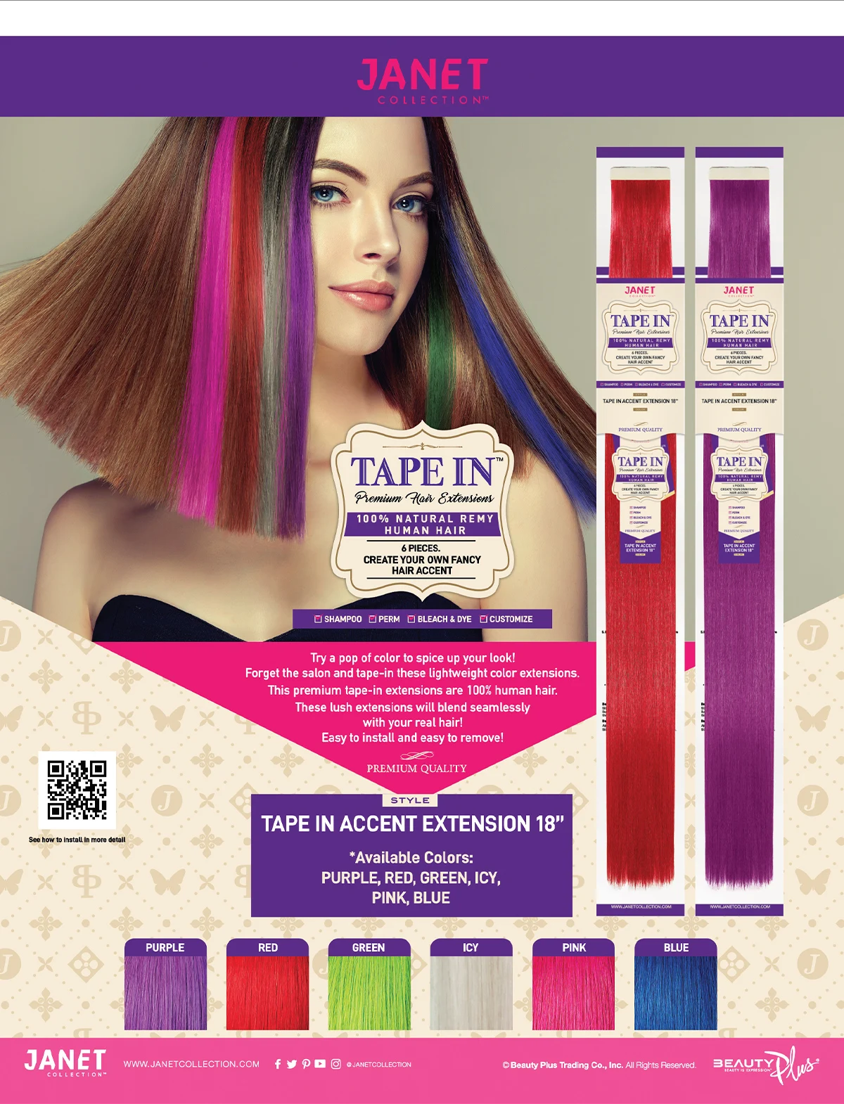 Janet Collection Natürliches Remy-Echthaar, Tape in Akzentverlängerung, 6 Stück