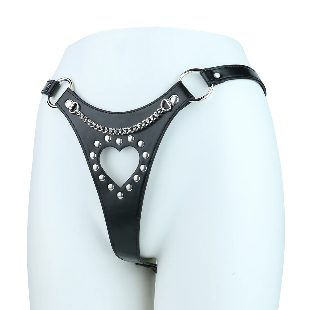 Heart Cutout Leather Strap-On Harness Panties Metal Rivet Dildo Holder Lesbian Couples Sex Toys Body Restraints Belt for Women - view 6