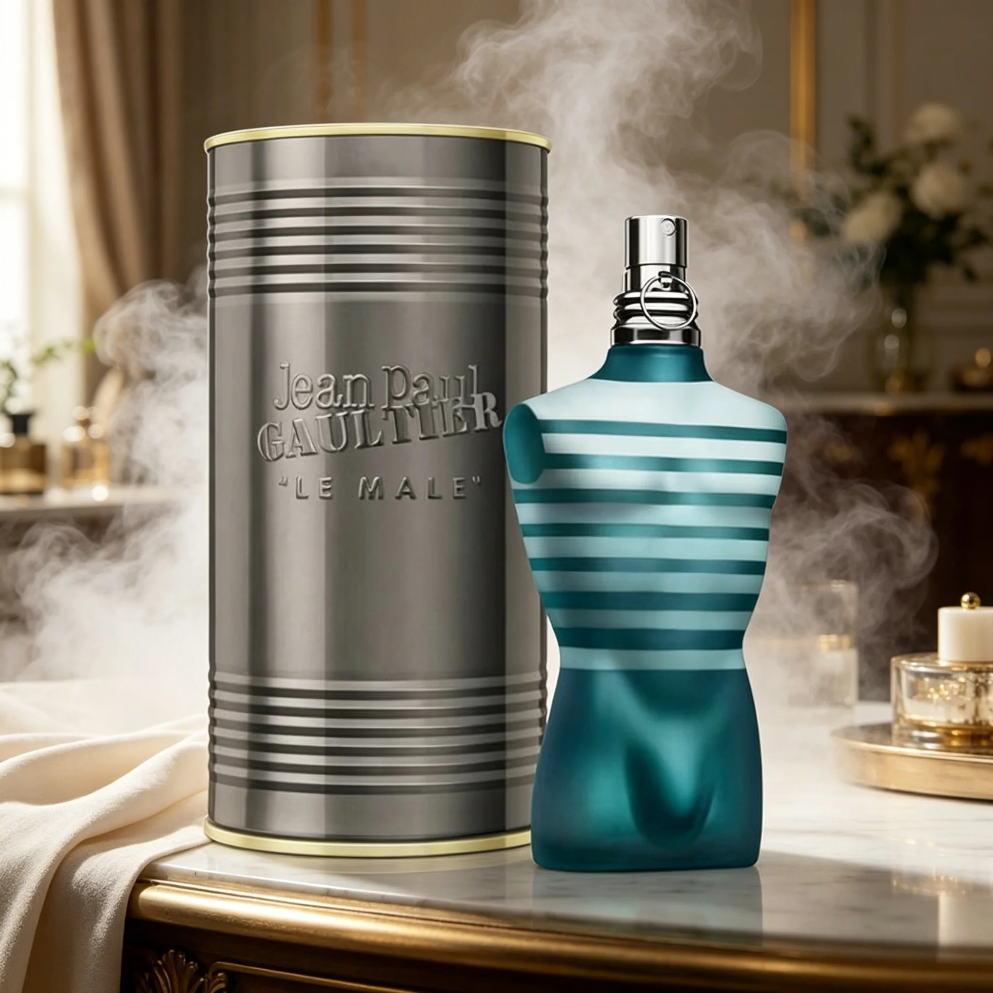 Jean Paul Gaultier Le Male Men Eau de Toilette Fresh Aquatic Woody Scent Striped Torso Bottle Silver Metal Can Gift Box Long Lasting Masculine Perfume Holiday Gift for Father’s Day Birthday