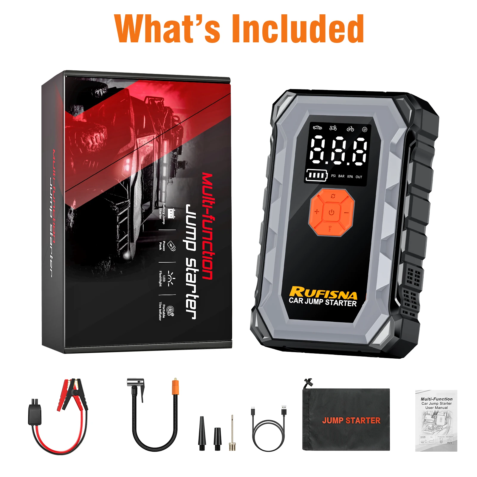 RUFISNA Car Jump Starter 3000A Peak 12V Portable ,150PSI Air Compressor Tire Inflator,All-in-One Emergency Battery Charger Power Bank,LED Flashlight,USB Output,Heavy Duty Booster for Gas Large-Displacement Vehicle,SUV,Truck,Roadside Emergency Rescue Kit - view 8