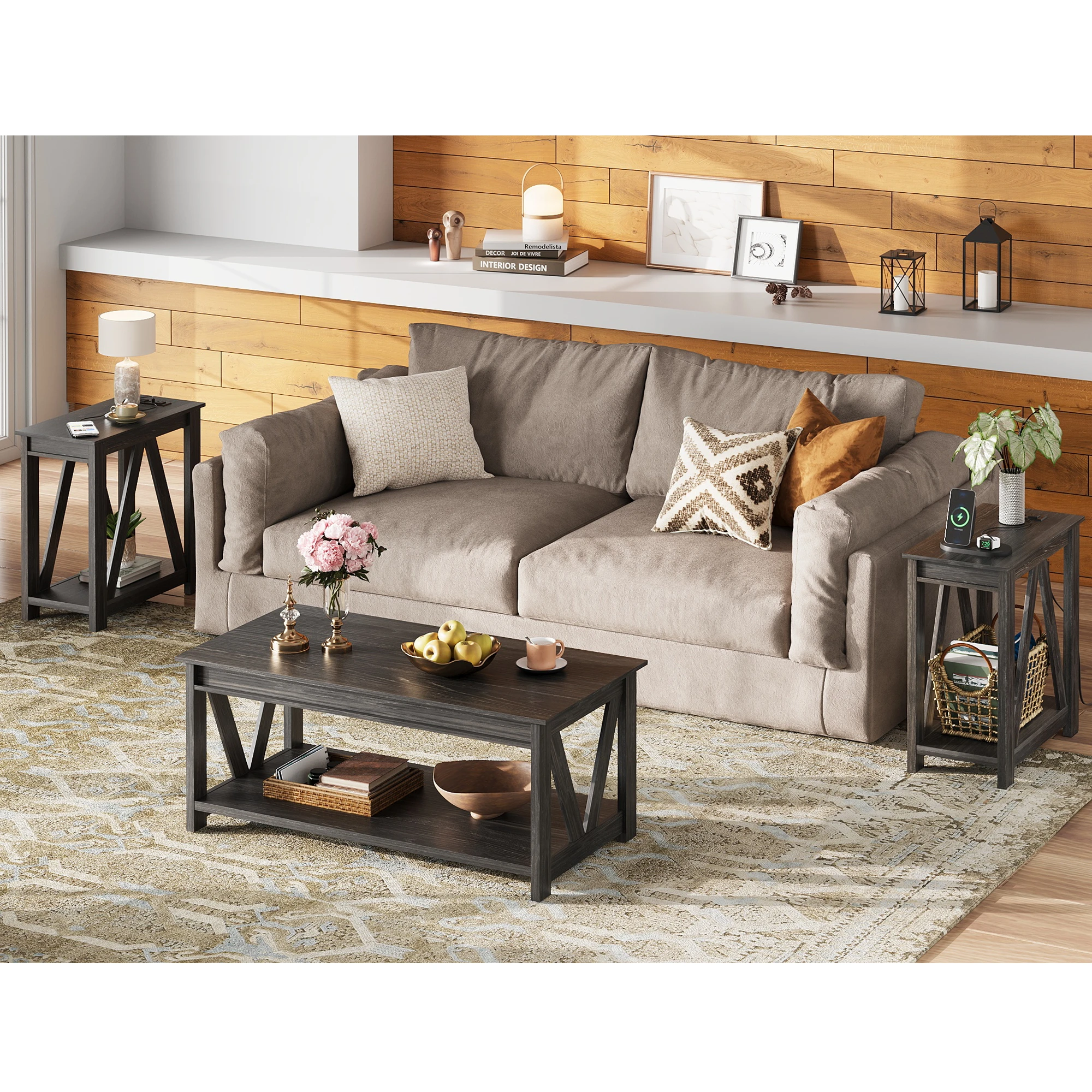 End Tables Living Room Set of 2 with Charging Station, Sofa Side Tables with Open Storage Shelf, Slim Farmhouse End Table Sets, Charcoal Black