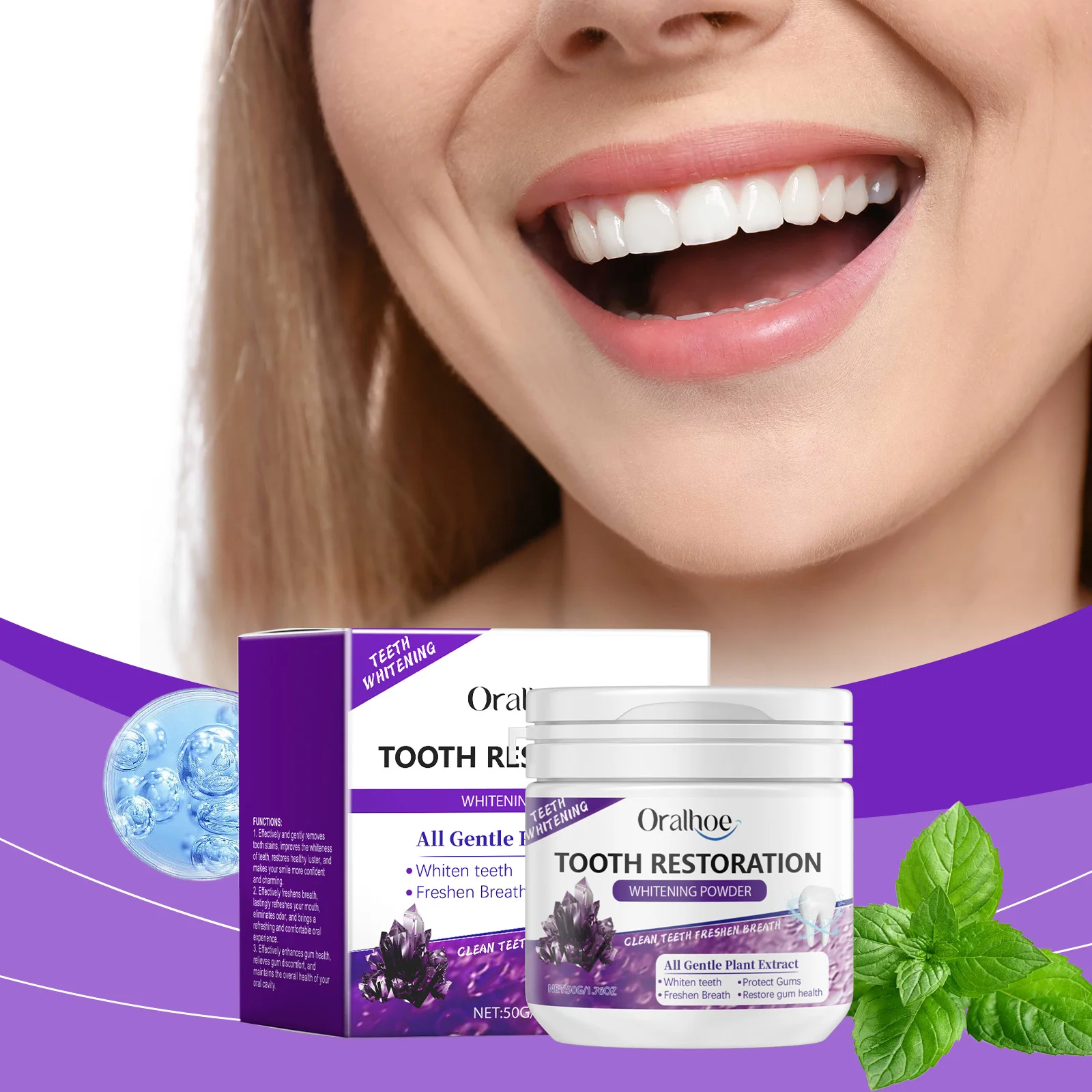 

Oralhoe 50g Teeth Whitening Powder Purple Brighten Mint Scent Fresh Breath Remove Stain Oral Hygiene Clean Bleach Teeth Powder