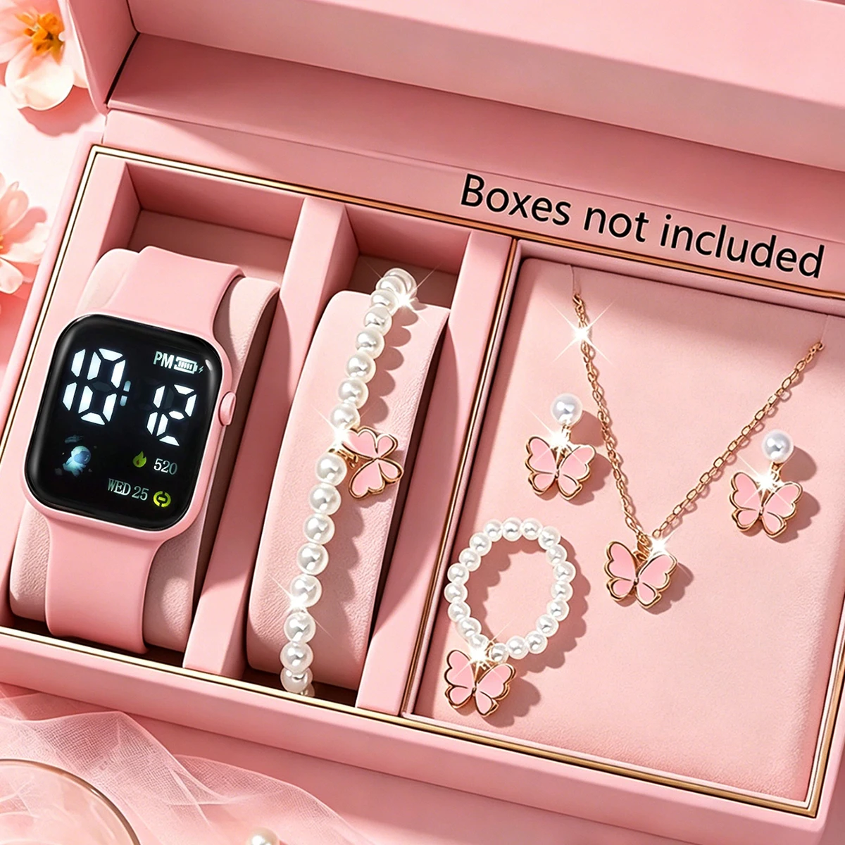 6-Piece Set, Children's Casual and Cute Led Electronic Watch Paired with a Pearl Butterfly Bracelet, Necklace, Earrings, and Ring Set, Casual and Cute, Versatile for Everyday Wear, Perfect Gift for Halloween, Christmas, New Year, and Birthdays.