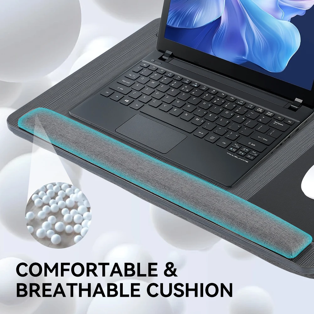 طاولة سرير للكمبيوتر المحمول قابلة للتعديل مع مسند للمعصم وفتحات للهاتف اللوحي وتصميم مريح قابل للطي للقراءة والكتابة