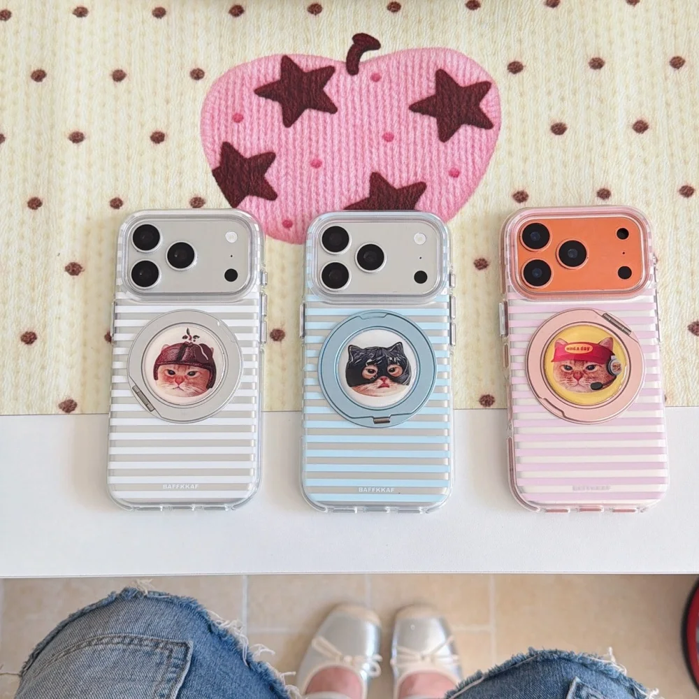 Fashion Korean Ins Cute Cartoon Cat Striped Phone Case for iPhone 18 Pro 17 Max 15, 16, 17 18 Pro Max with Magsafe Holder Kawaii