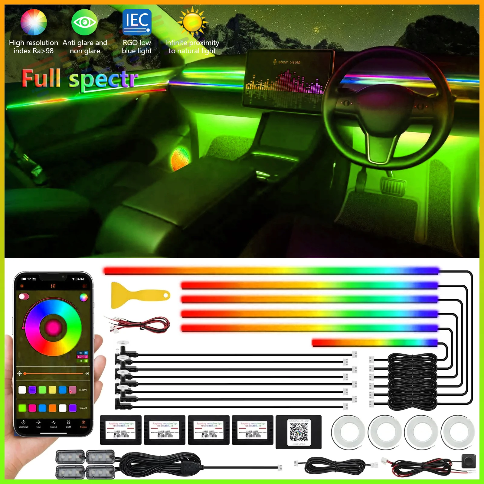 

Car LED Ambient Lights Symphony Full Universal Decoration Atmosphere Lamp 64 RGB Colorful Streamer Rainbow App Control