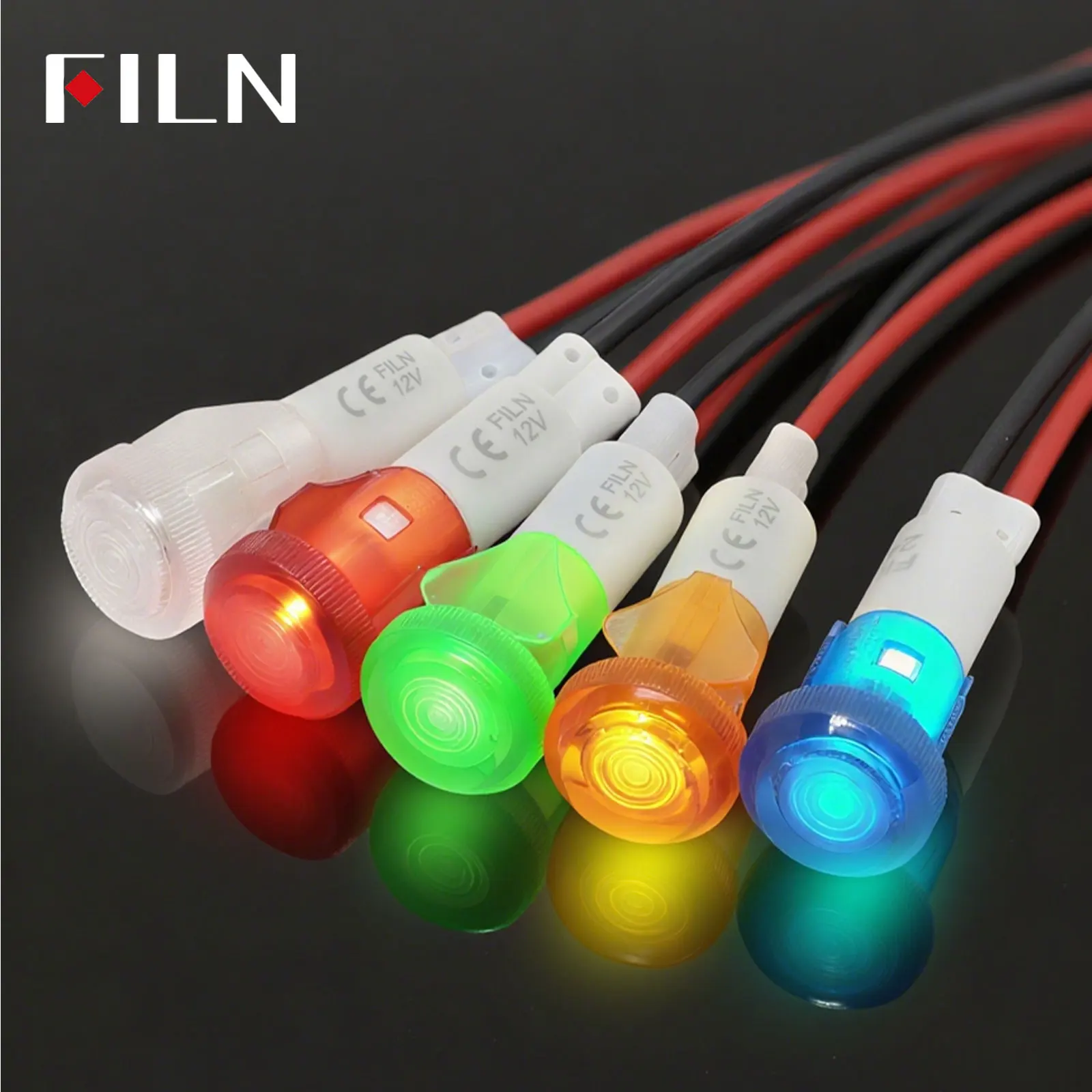 FILN 10mm mounting hole diameter red yellow green blue white plastic 12v pilot lamp with 20cm cable