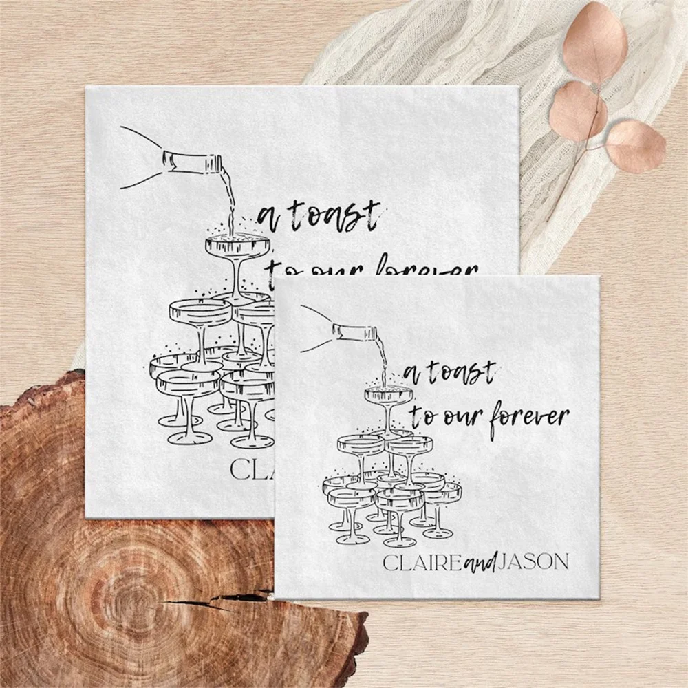 A toast to our forever Personalized Wedding or Engagement Napkins | Custom Champagne Glass Tower Paper Napkins for Cocktail Wedd