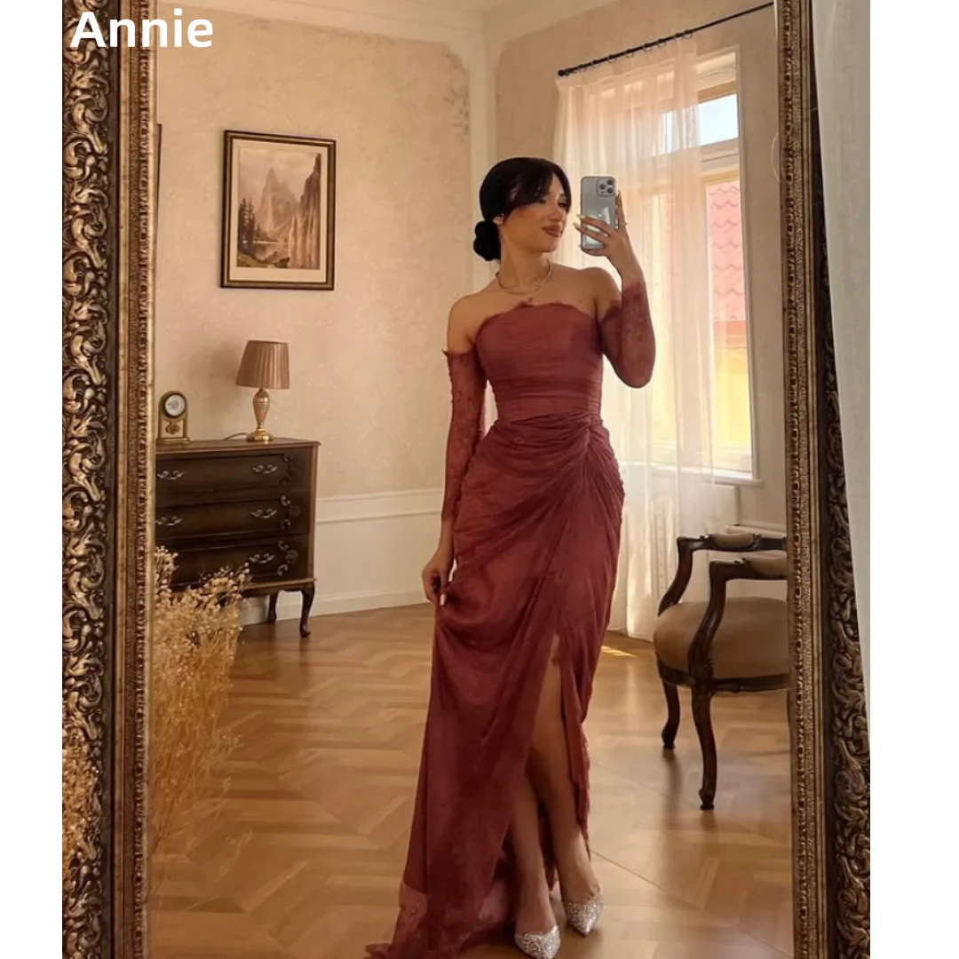 

Annie Embroidered Lace Long Sleeves Prom Dresses Reddish Brown Evening Dresses Off-shoulder Side Slitsفساتين