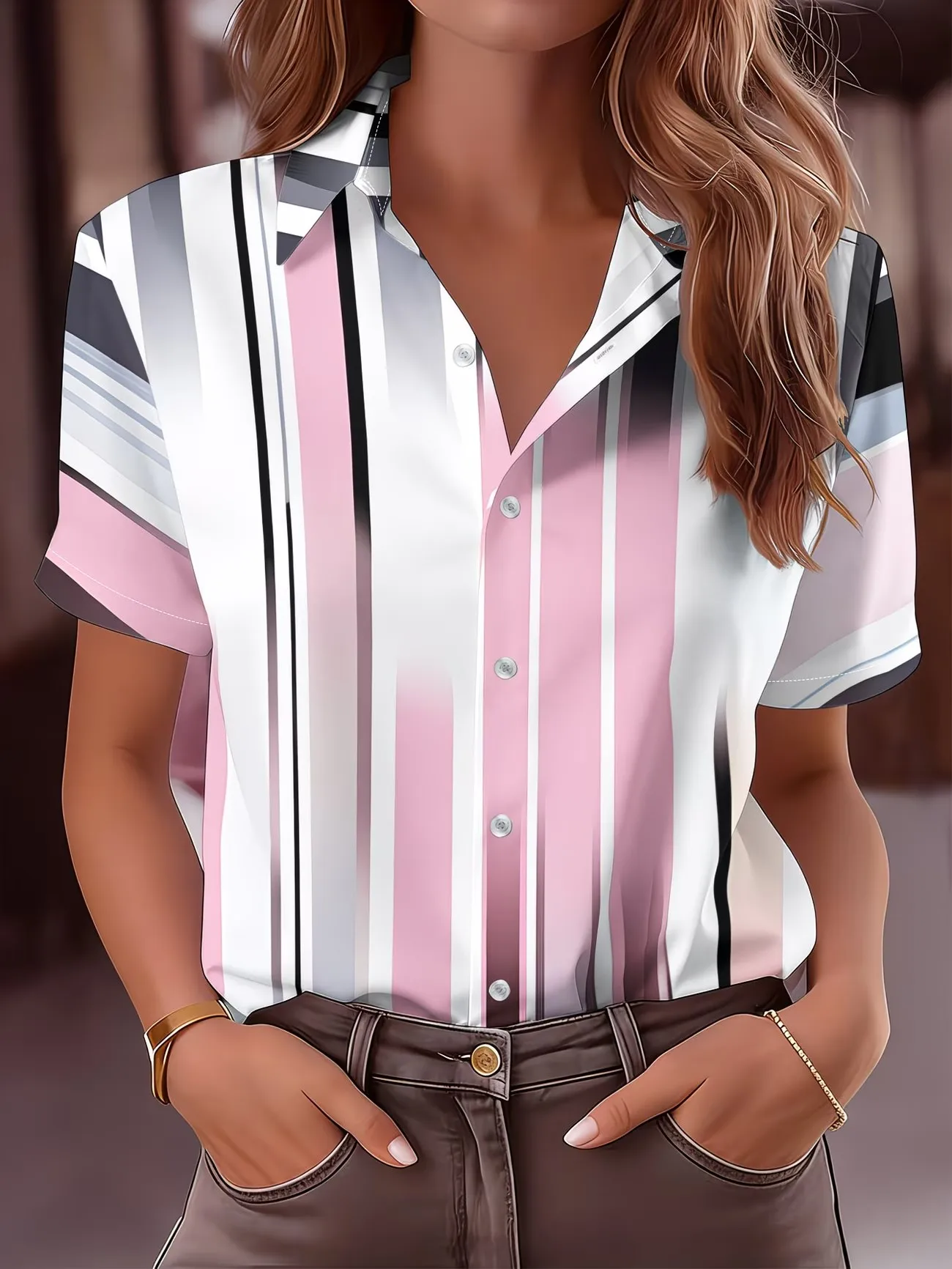 Fashionable Geometric Print Short Sleeve Shirt for Women Summer Casual Button-Up Work Shirt Turn-down Collar Trendy Top