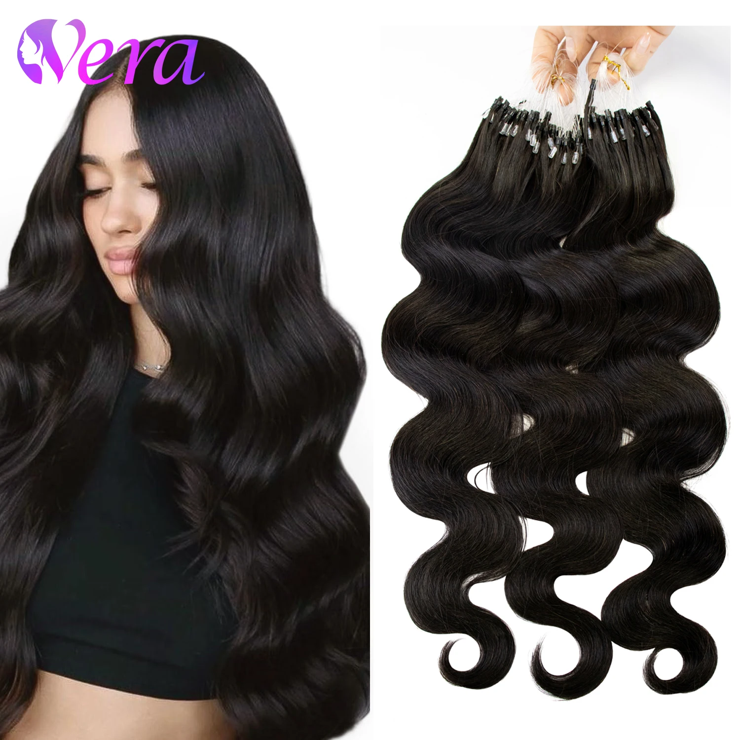 

Объемная волна, наращивание человеческих волос с микропетлей, 16-26 дюймов, человеческие волосы с микрозвеньями для женщин, цвет # 1B Черные наращивание волос с микробусами