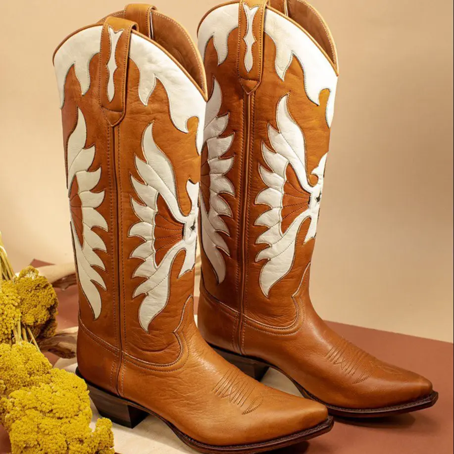 IPPEUM Western Cowboy Boots For Women Firebird Embroidery Leather Knee High Boot Country Western Brown Cowgirl Shoes Plus Size44