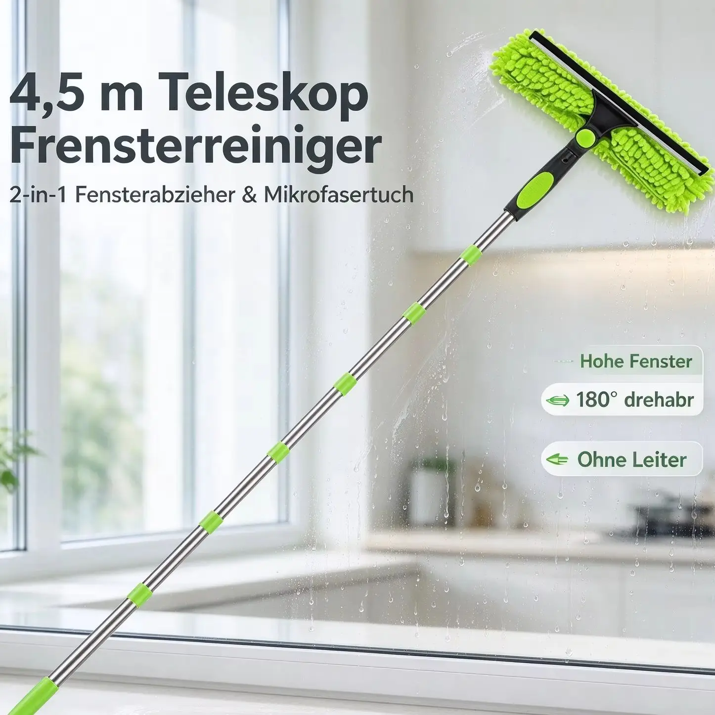 Set per la pulizia dei vetri da 4,5 m con 10 aste telescopiche, strumento 2-in-1 per la pulizia dei vetri con 180 ° Testa girevole, panno in microfibra, set per la pulizia di finestre alte senza