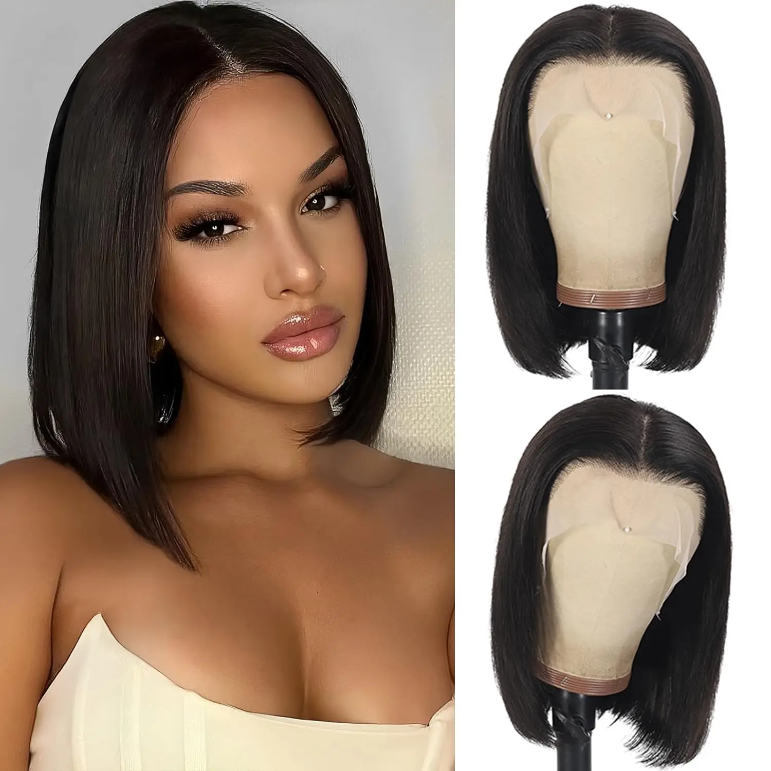 10inch 13x4 Short Bob Human Hair 180% Density Brazilian Virgin Human Hair Wigs Straight Hair Natural Color for Black Women