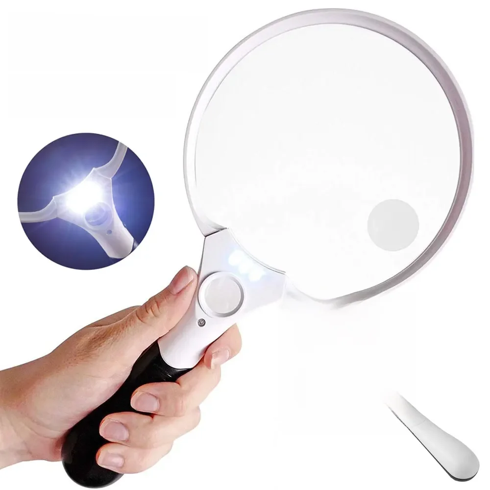 Large Reading Magnifier with 3 LED Lights 2X 4X 25X Handheld Magnifying Glass Illuminated Lupa 137mm Loupe Lens for Seniors
