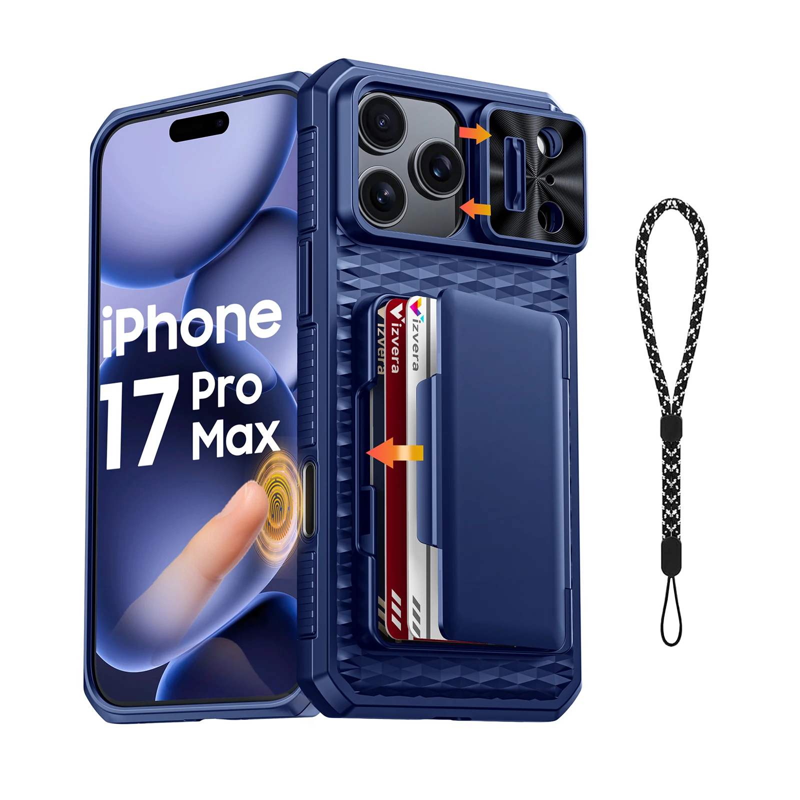 For iPhone 17 Pro Max With Card Holder Sliding Camera Cover And Stand Phone Case, Anti-Fall PC+TPU Wallet Case-Orange