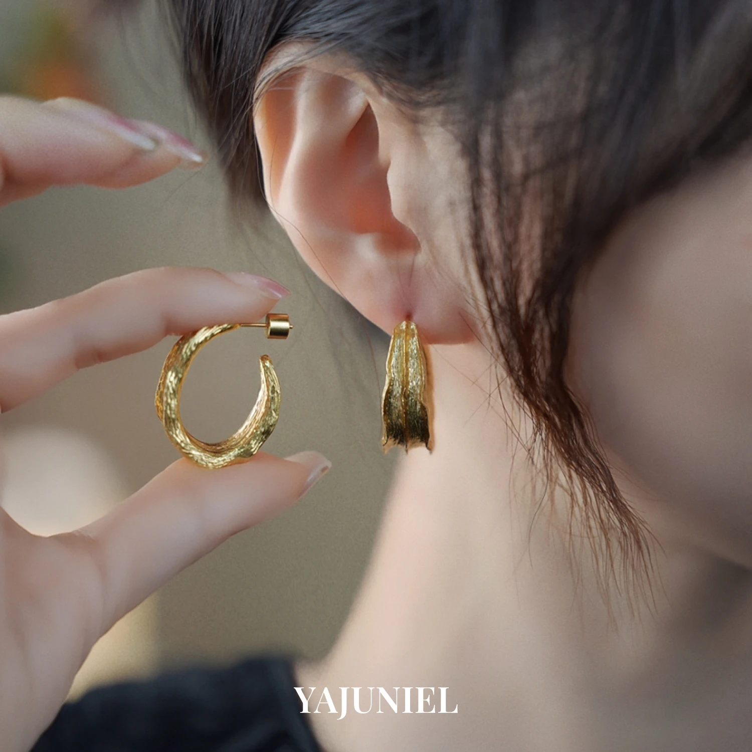 

YAJUNIEL 24K Real Gold Plated Textured Hoop Earrings for Women Hypoallergenic Brass Abstract Stud Earrings Jewelry Gift