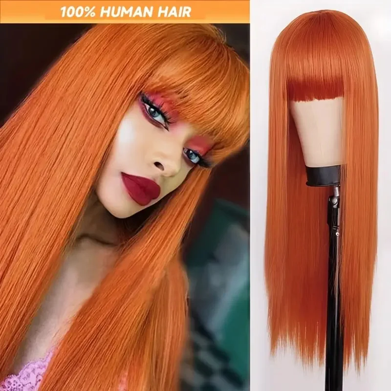 Perruque Lace Front Wig naturelle brésilienne lisse, cheveux lisses, 13x4 13x6, pre-plucked, orange, 36 pouces, pour femmes