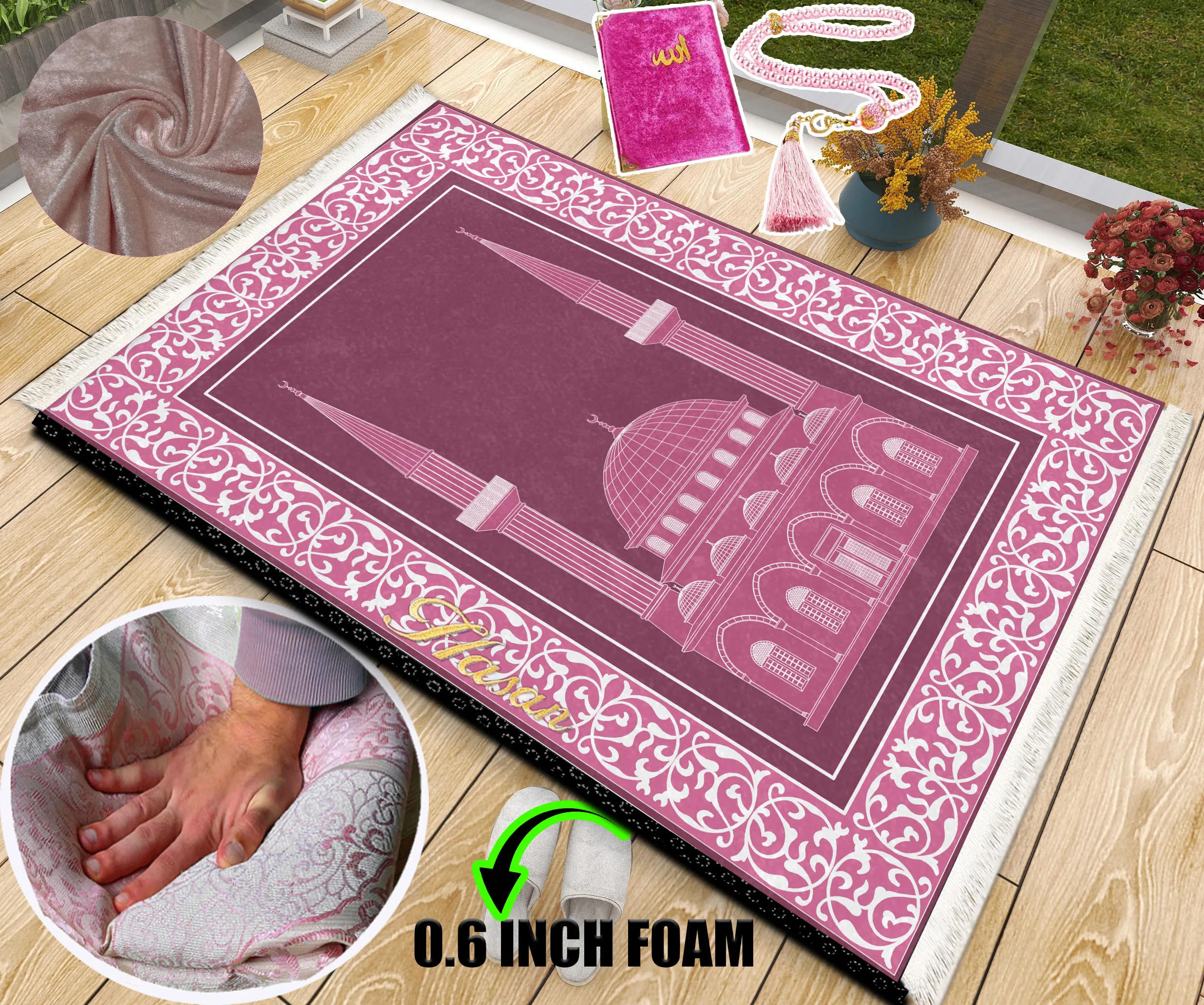 

Extra Thick Foam Padded Pink Mosque Turkish Prayer Rug With Luxury Yaseen, Soft Praying Mat Carpet & Pearl Tasbeeh, İslamic