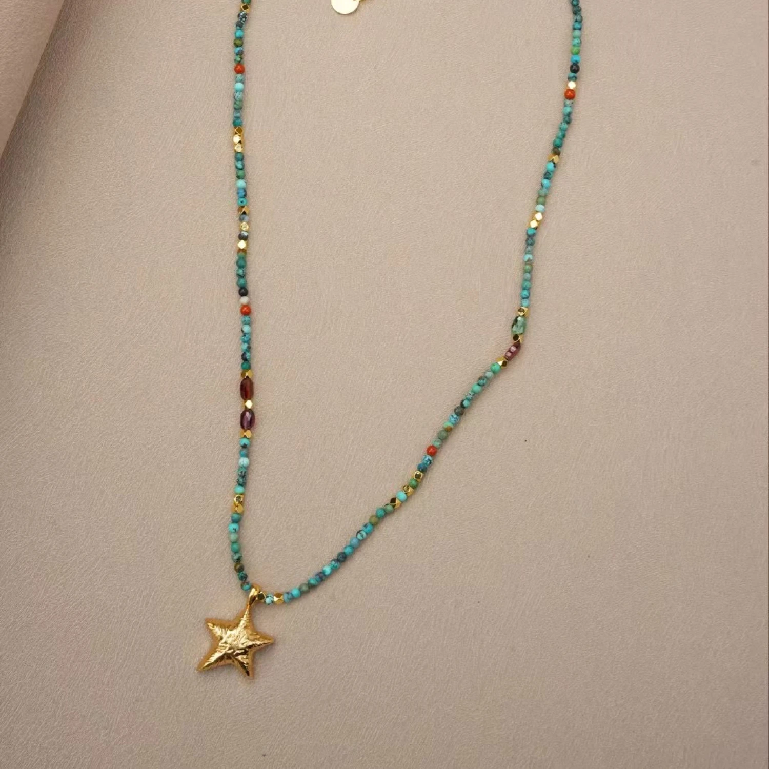 YAJUNIEL Natural Turquoise Gemstone Beads Necklace for Women Starfish Pendant 24K Gold Plated Hypoallergenic Adjustable Chain