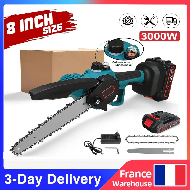 8inch 24V Electric Cordless Chainsaw 3000W High Power Woodworking Handheld borrowing Saw Garden baking Tool ForMakita18V Battery