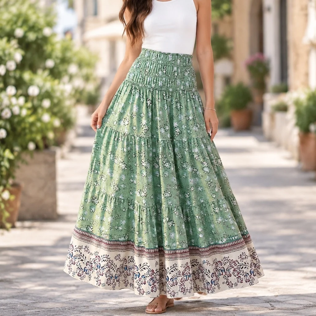 Printed a Line Skirt Mid Length Elegant Commuting with Summer Slight Stretch Women Skirts