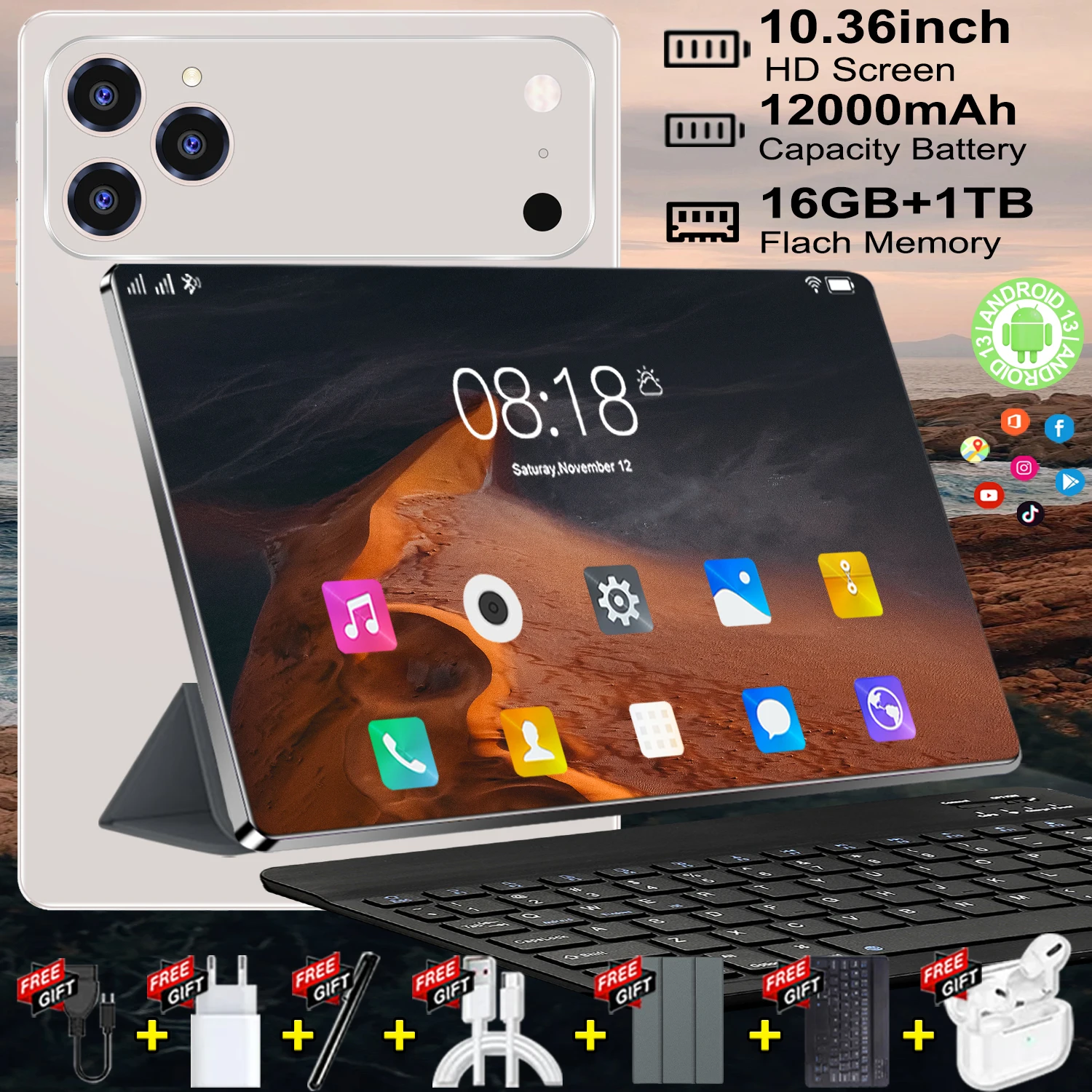 Ordinateur tablette neuf polyvalent 2026 équipé Android 13, processeur 10 coeurs fluide, grand stockage 1To, batterie 12000mAh longue durée, prise en charge 5G et WiFi, caméra haute définition convenable pour tous les âges