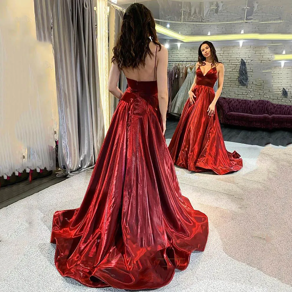 Vestidos de fiesta largos color borgoña, línea A, tirantes finos, vestidos de noche formales largos, vestido de fiesta elegante de satén brillante personalizado 2026
