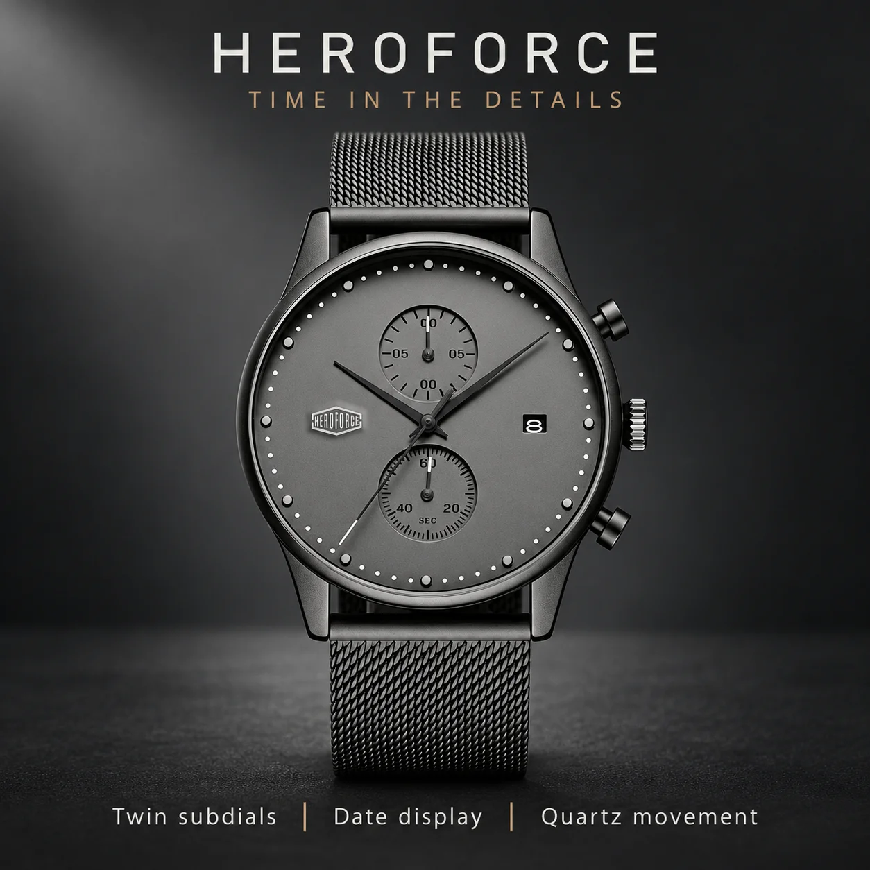 HEROFORCE Men's Minimalist Matte Black Stainless Steel Wrist Watch, Slim Thin Case, Comfort Stainless Steel Mesh Strap, Chronograph Stopwatch Function, Luminous Dial & Calendar