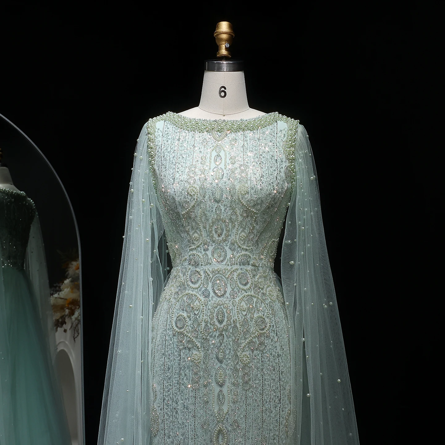 Sharon Said Luxuriöses Champagner-Abendkleid mit Cape-Ärmeln, Pailletten und Perlen, für formelle Anlässe und Partys, SS668, maßgeschneidert – Detail 20